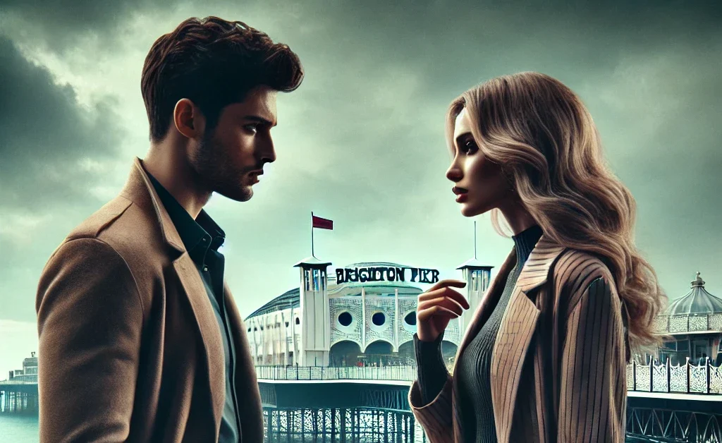 Brighton Butler Divorce: Inside the Shocking Split Details DALL·E 2025 03 11 01.18.03 A dramatic cinematic scene depicting a couple undergoing a divorce set in a modern city environment suggestive of Brighton. The image features a mal e1741637932337